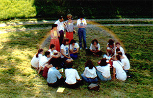 STOP Foundation Meeting, 1992, Paris France. The rainbow phenomenon: The rainbow appeared as the group was meeting. It was not visible to the naked eye, but appeared in the original, unedited and unaltered photo, which is shown here.